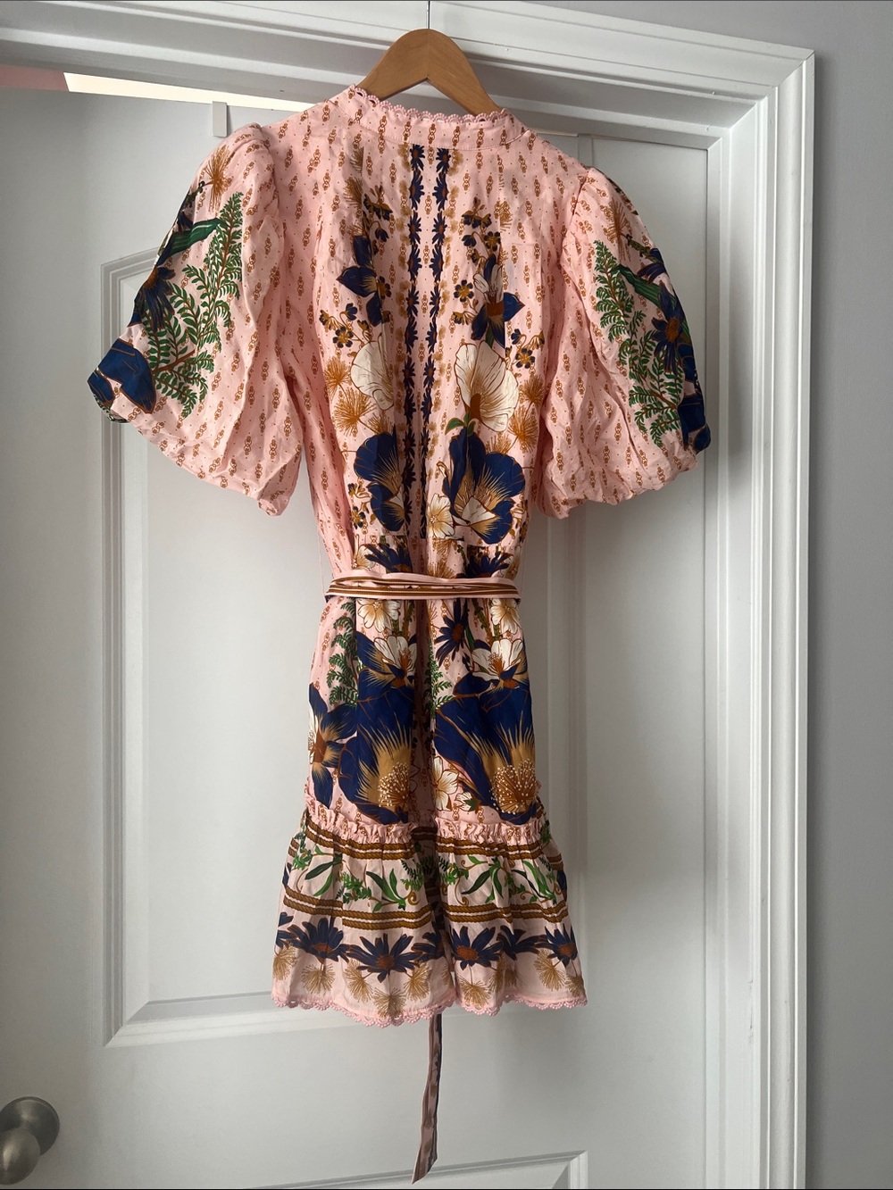 FARM Rio Peach-Pink Floral Button Front Mini Dress with Tie - Picture 4 of 6